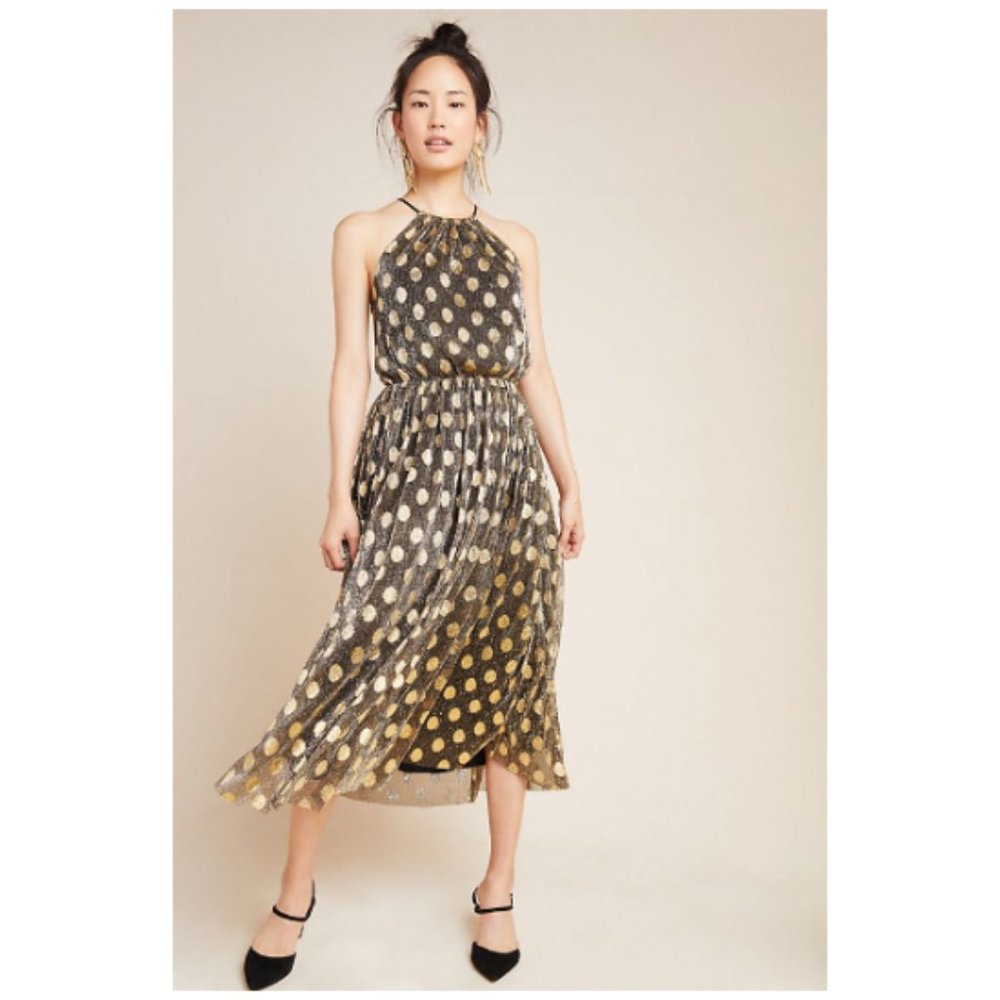Halter Midi Dress with Gold Polka Dots